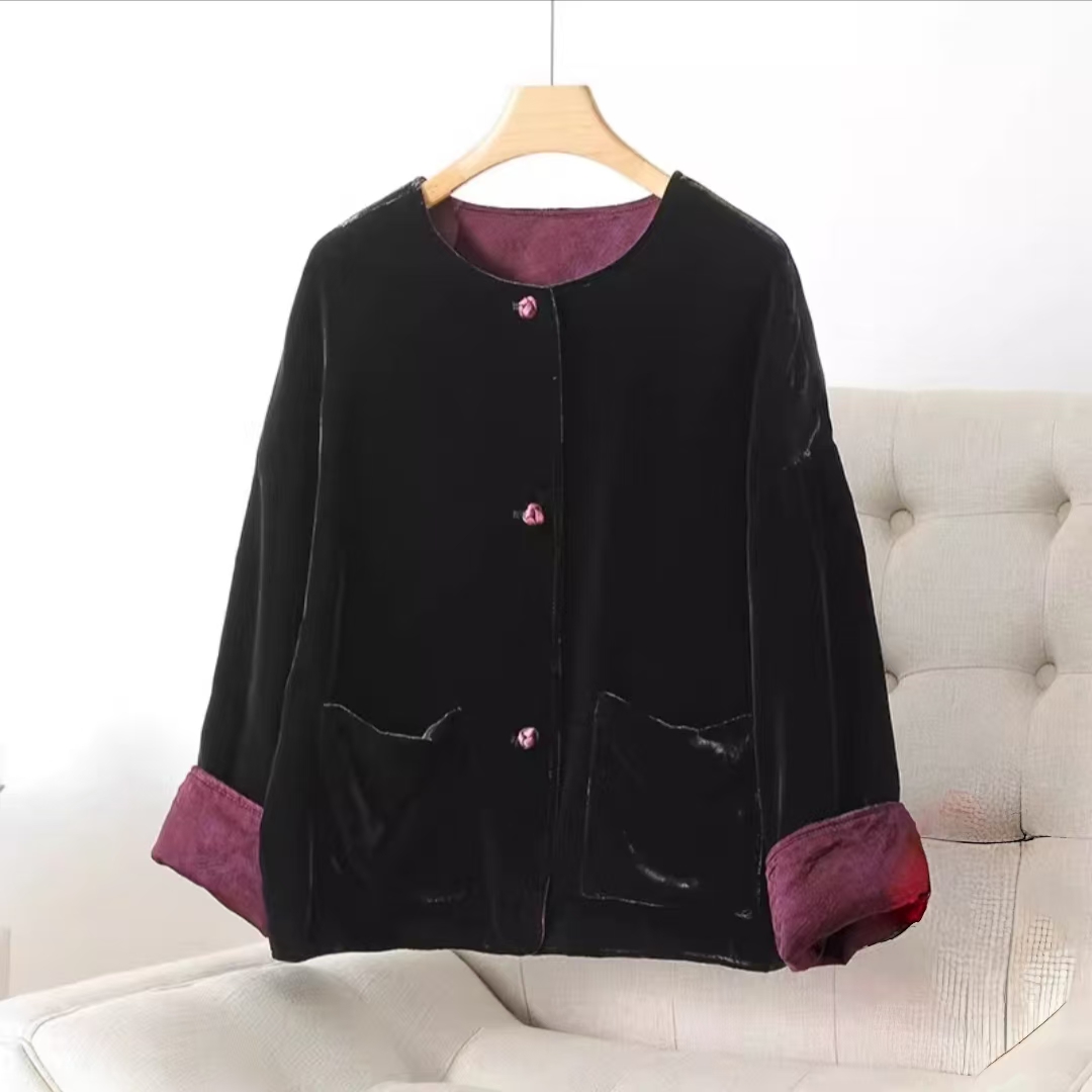 8832-1 黑色丝绒上衣女冬季新款宋锦新中式国风开衫短外套MF/0109