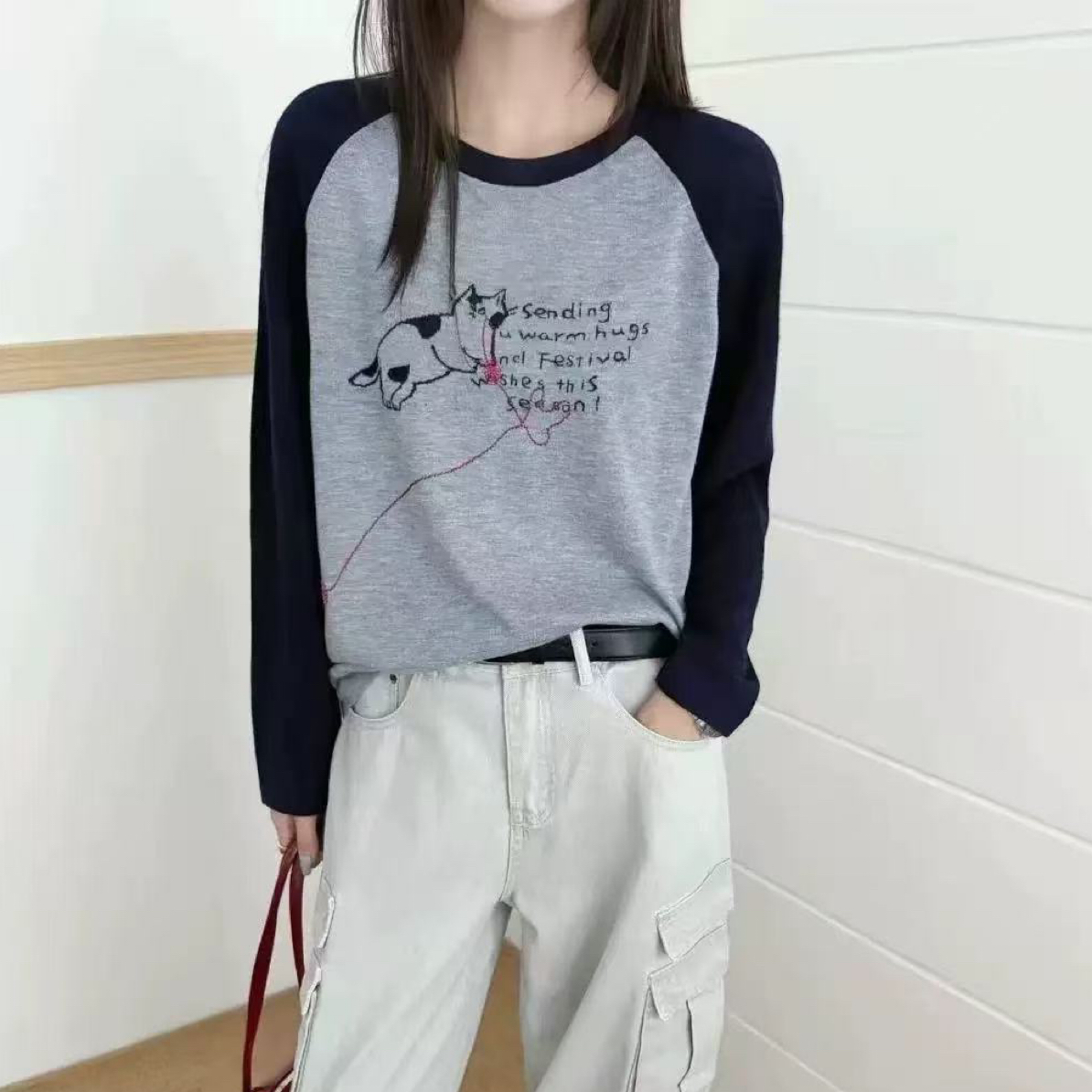 欧洲站2025早秋新款韩系圆领长袖拼色卡通刺绣休闲针织衫上衣4343