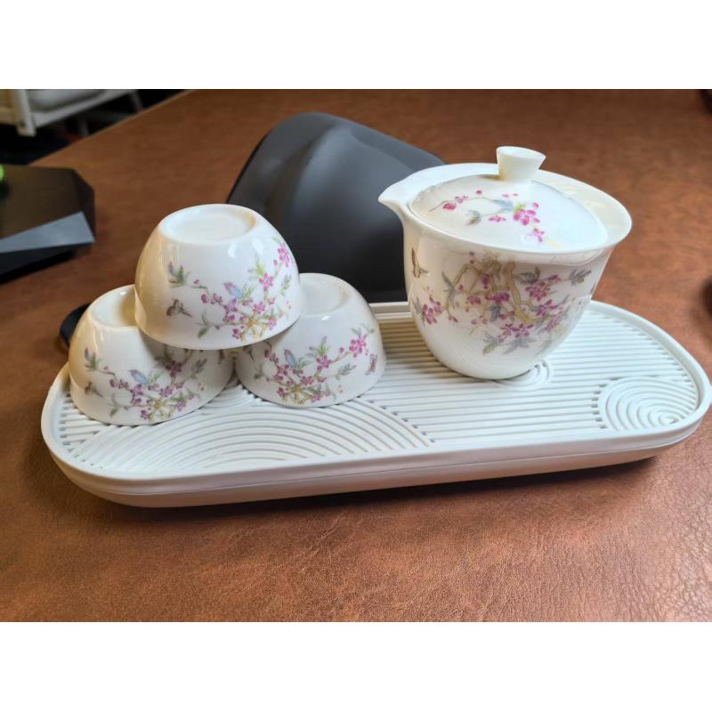 羊脂玉桃花旅行套装2466家用创意简约大号手绘日式中式白瓷陶瓷