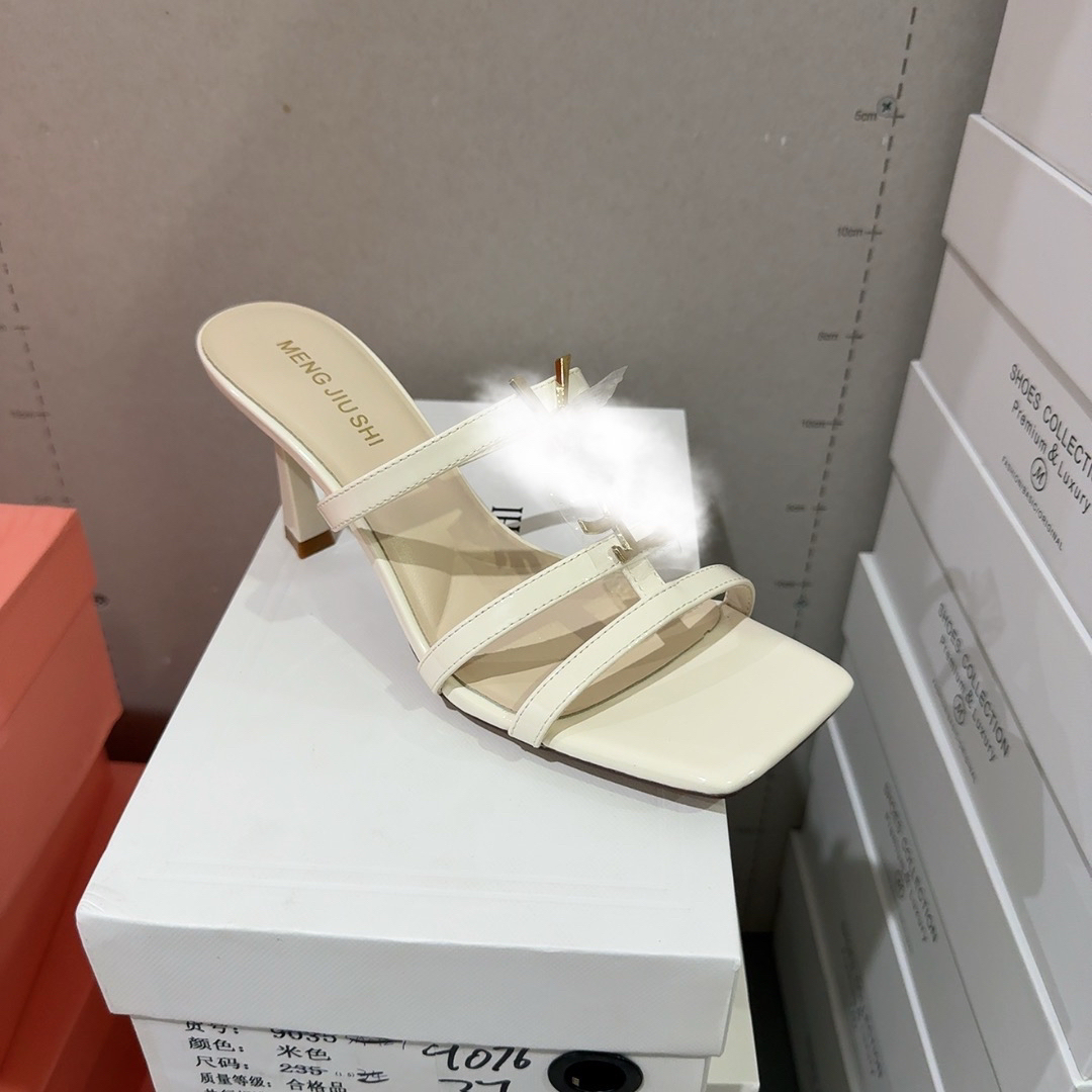 方头后空外穿时装拖女鞋2025年夏季新款百搭细跟一字拖高跟鞋9076