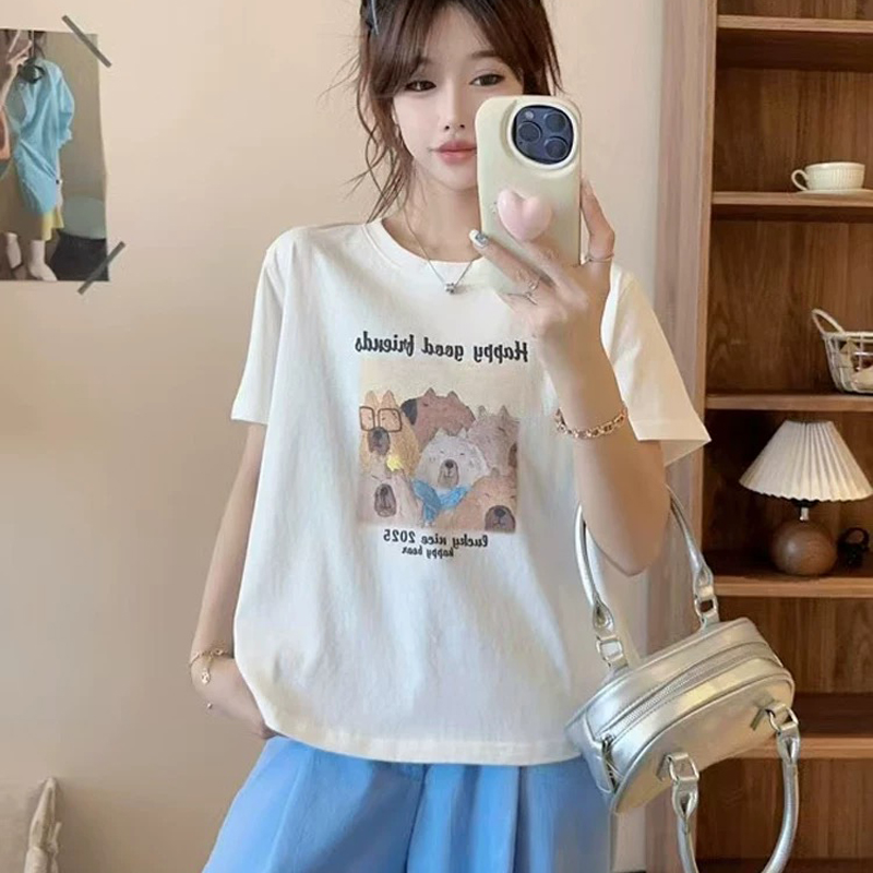 2025夏季新款韩版百搭宽松显瘦卡通熊印花雪花棉圆领短袖T恤 533