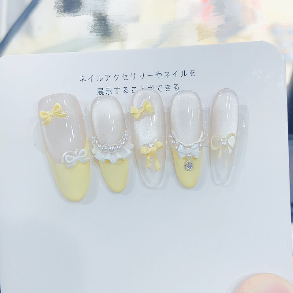 【奶黄法式】纯手工法式猫眼蝴蝶结腮红气质显白穿戴甲成品