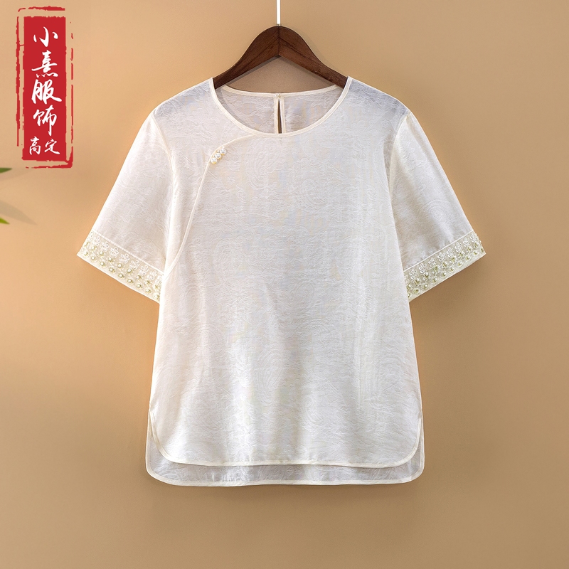 【云茵】夏季2025新款上衣小衫女新中式国风亮片绣花气质短袖T恤衫