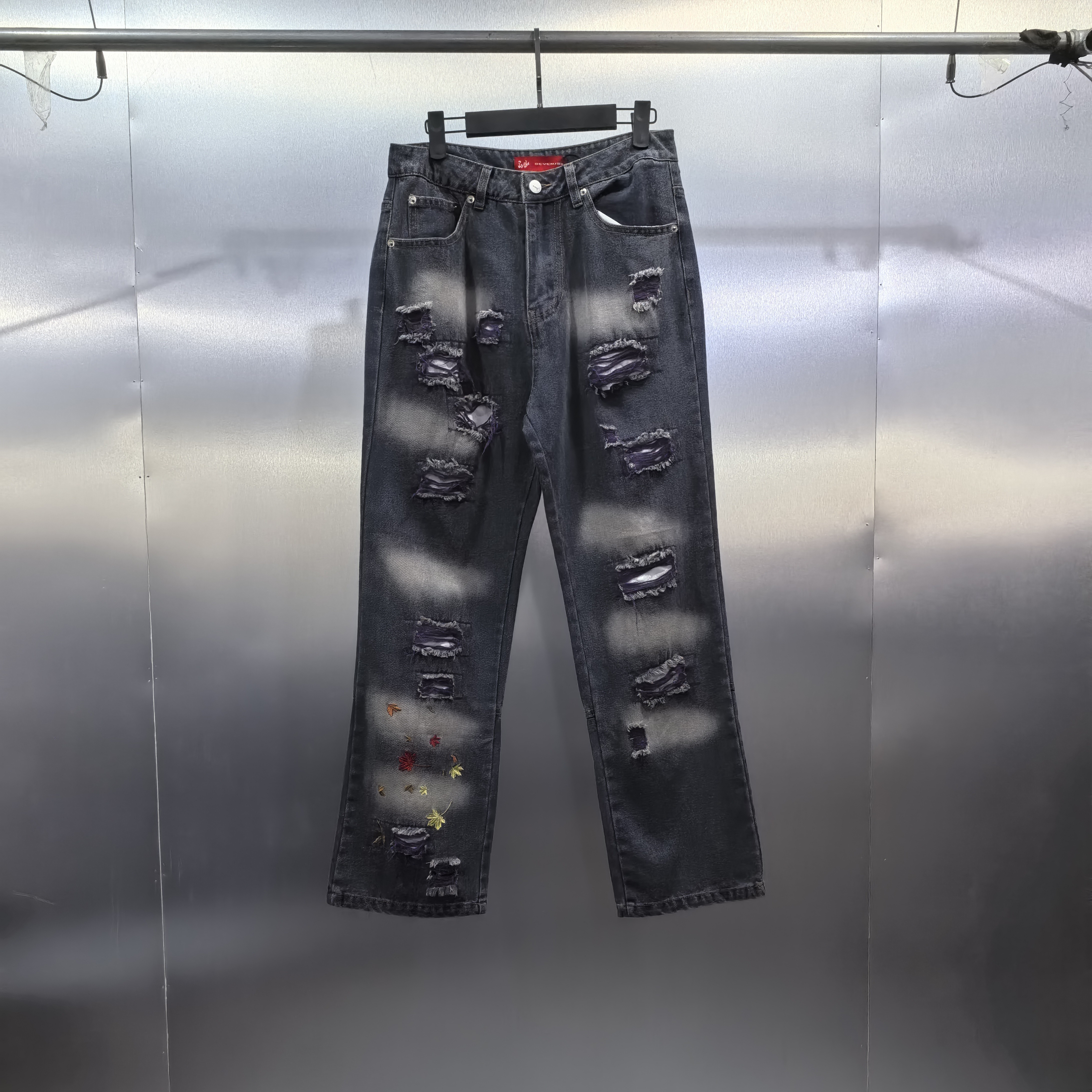 R08-111914-SEV春秋款潮流复古水洗破洞宽松直筒休闲百搭牛仔裤