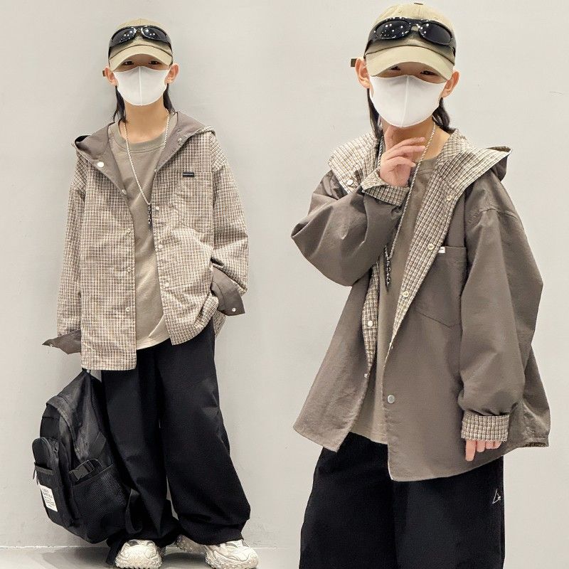  男童双面穿外套2025春秋新款儿童格子连帽上衣中大童时髦男孩潮