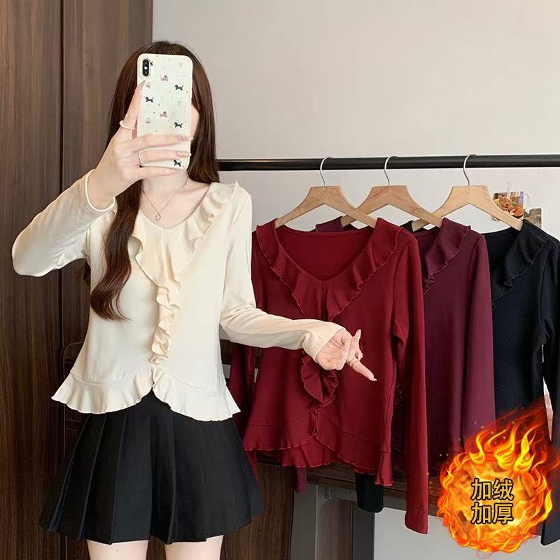 2025秋冬新款胖mm显瘦大码女时尚荷叶边加绒加厚不规则长袖上衣