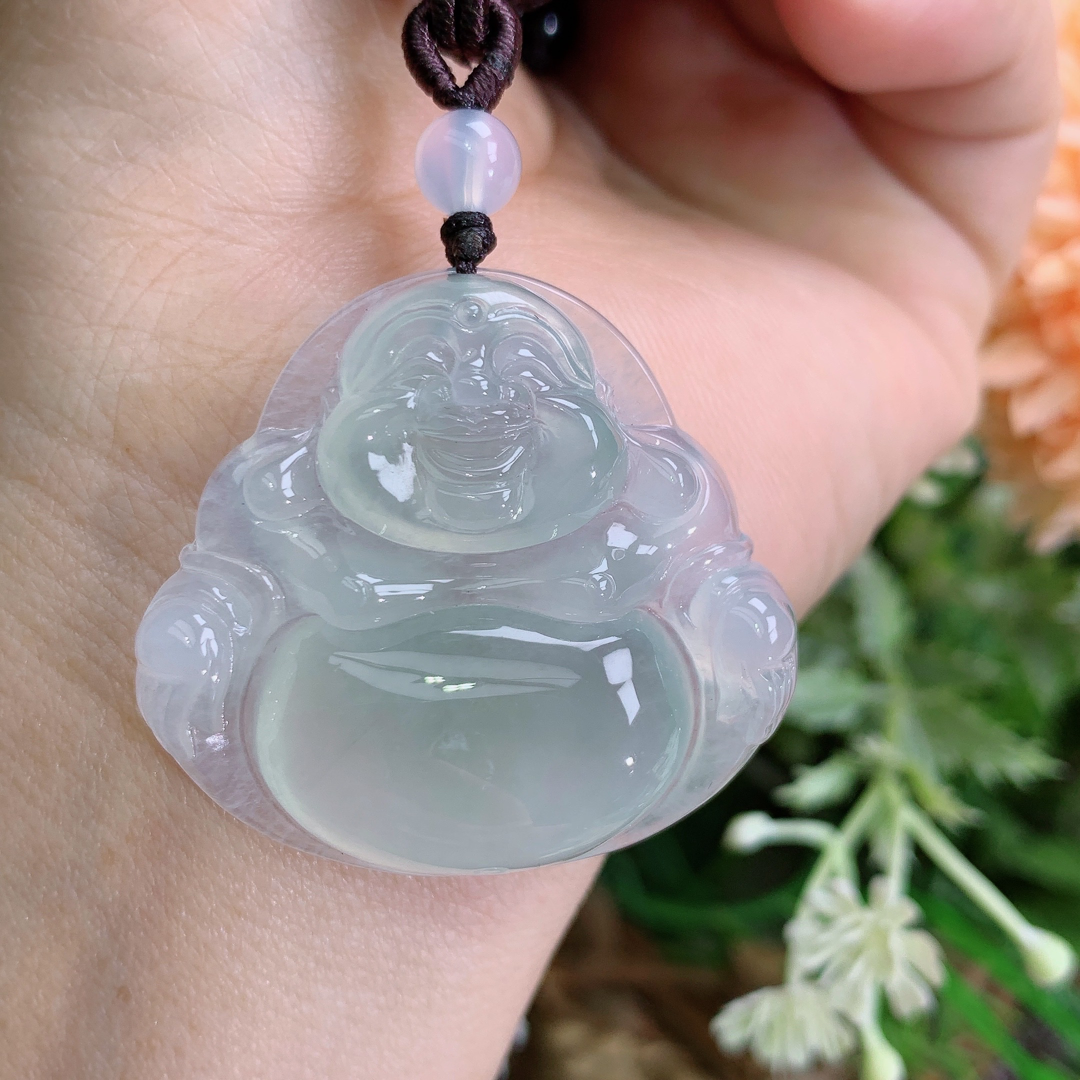 缅甸天然翡翠A货冰种起胶蓝底大佛吊坠雪尺寸35.4×38.5×8.4mm