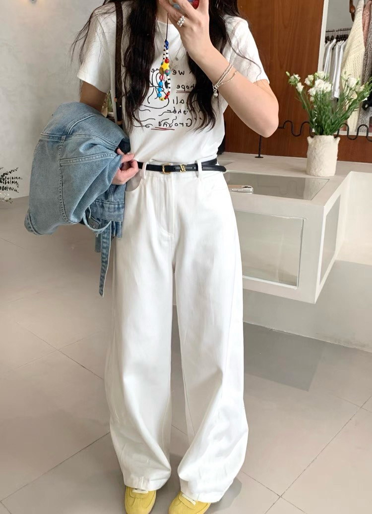 4019#白色高腰弯刀休闲裤阔腿百搭显瘦直筒裤