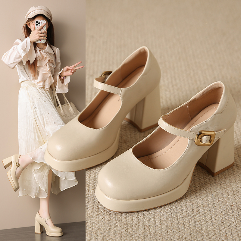 一字扣小皮鞋2025新款玛丽珍鞋仙女风8.5CM高跟防水台单鞋