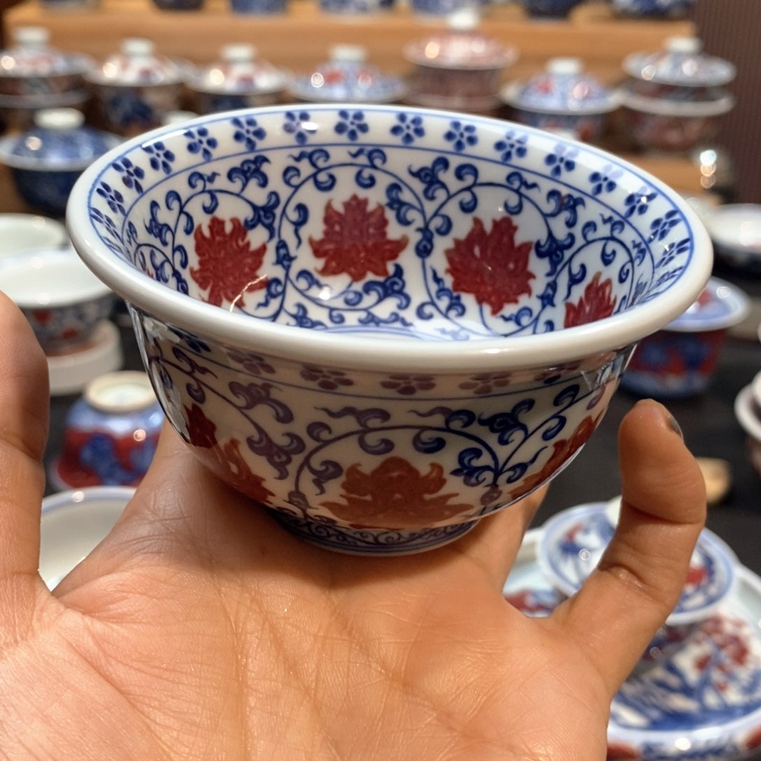 内外满绘双狮压手杯原矿柴窑手绘