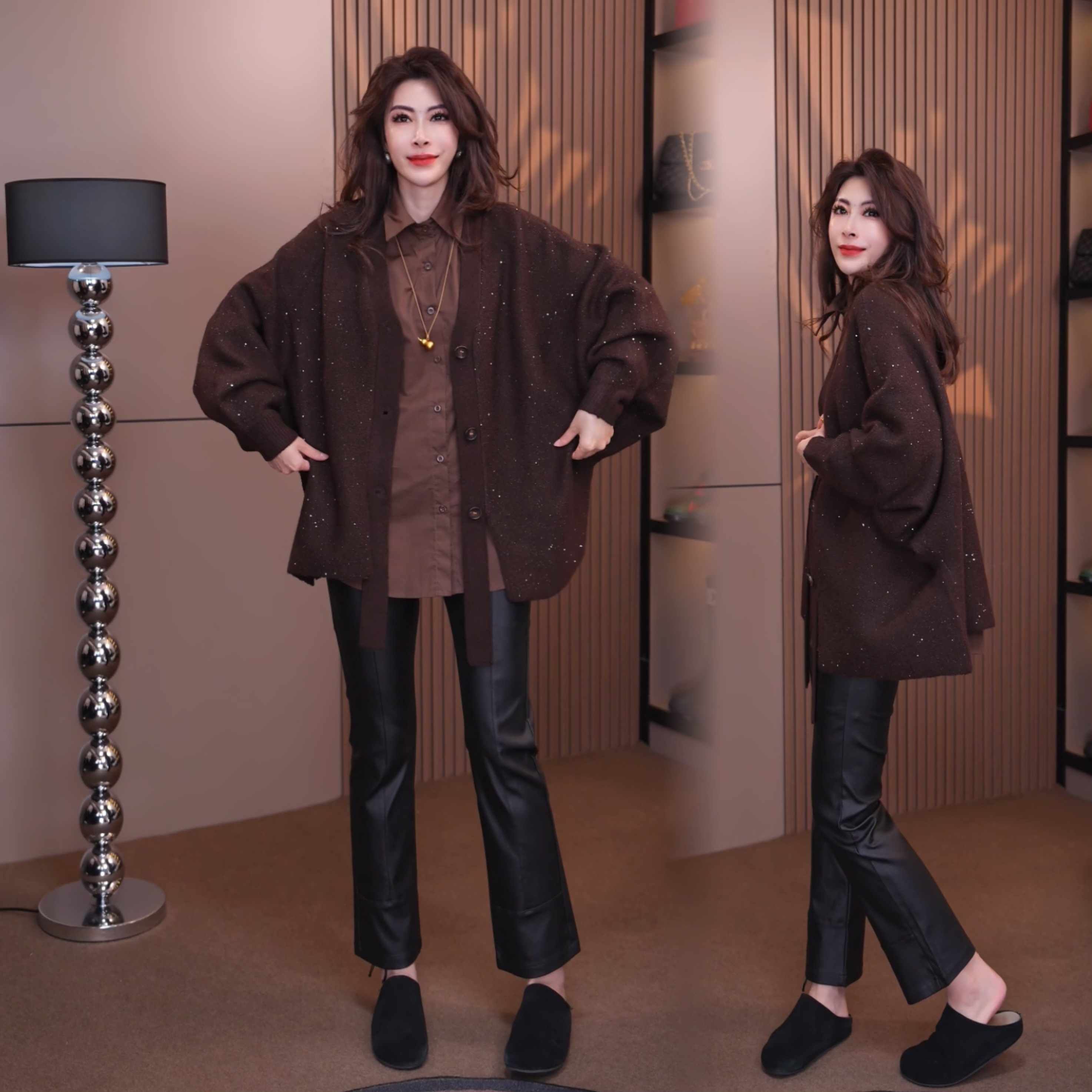 61368#《榜衣》韩版秋冬新款时尚复古亮片下摆飘带针织休闲毛衣开衫