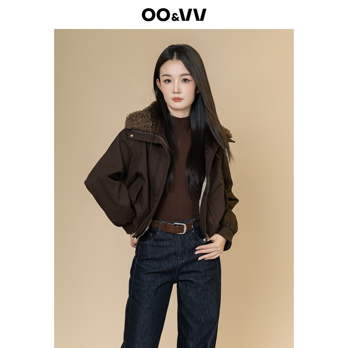 OO&VV美拉德风大毛领短外套女2025冬季保暖复古夹克短款