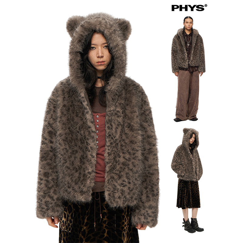 物理少年「狂想曲」动物纹连帽毛绒柔软复古时髦外套-直播