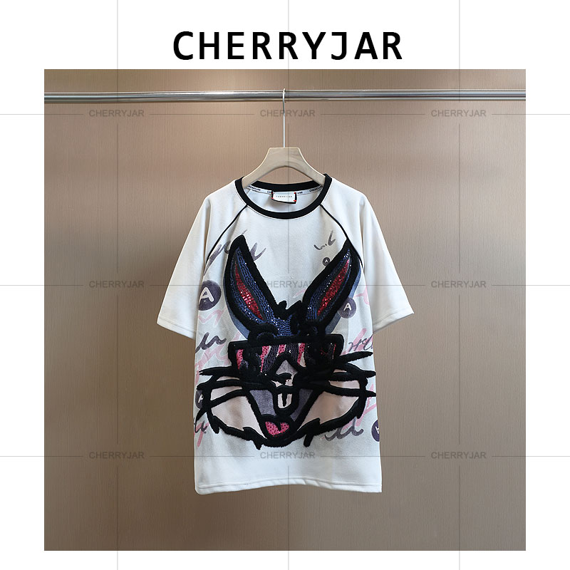 Cherryjar【251035】夏季时尚休闲拼色撞色短袖植绒兔八哥印花刺绣