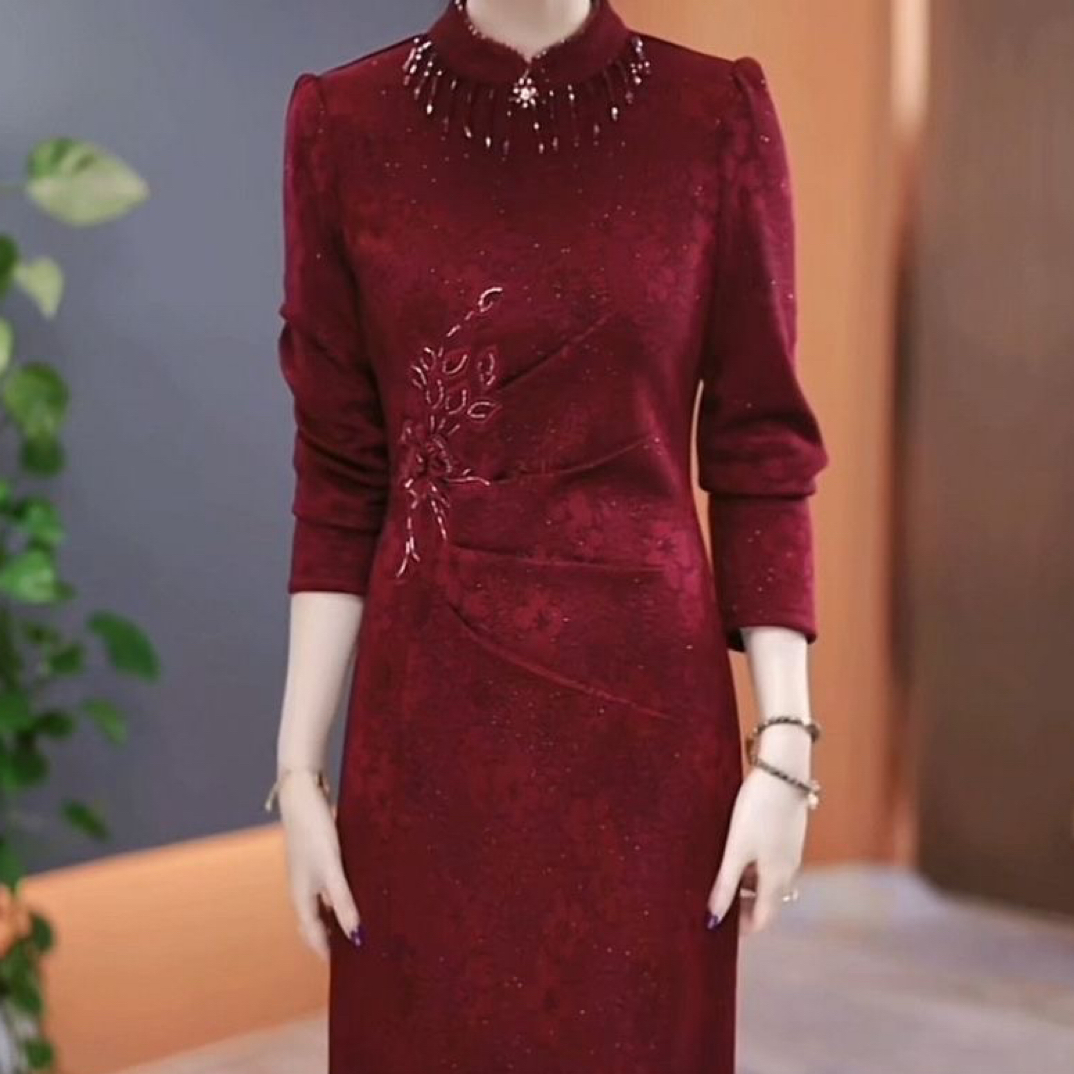 加绒加厚提花精纺新中式连衣裙2025冬季新款气质显瘦婚宴礼服裙子