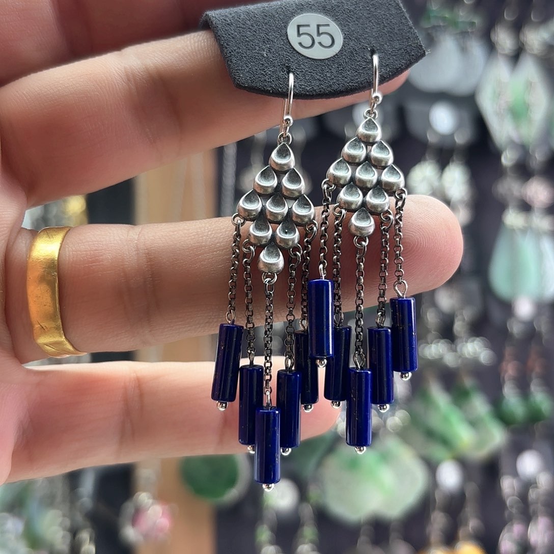 青金石银S925镶嵌耳饰?***白