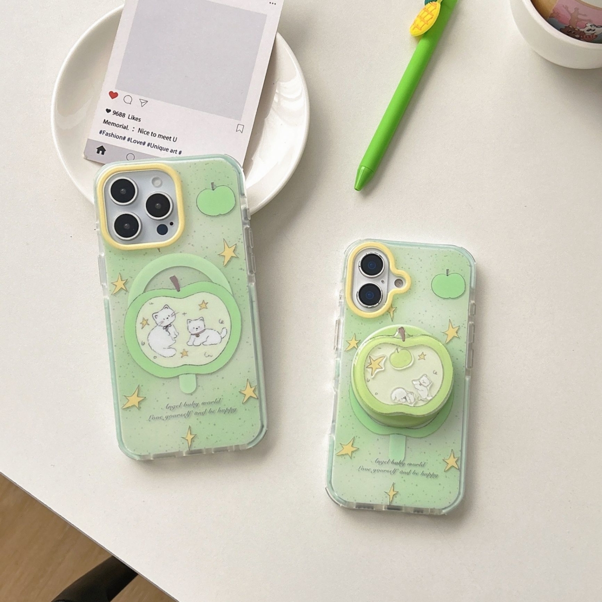 卡通小清新青苹果猫咪磁吸支架适用苹果16promax手机壳iphone15新