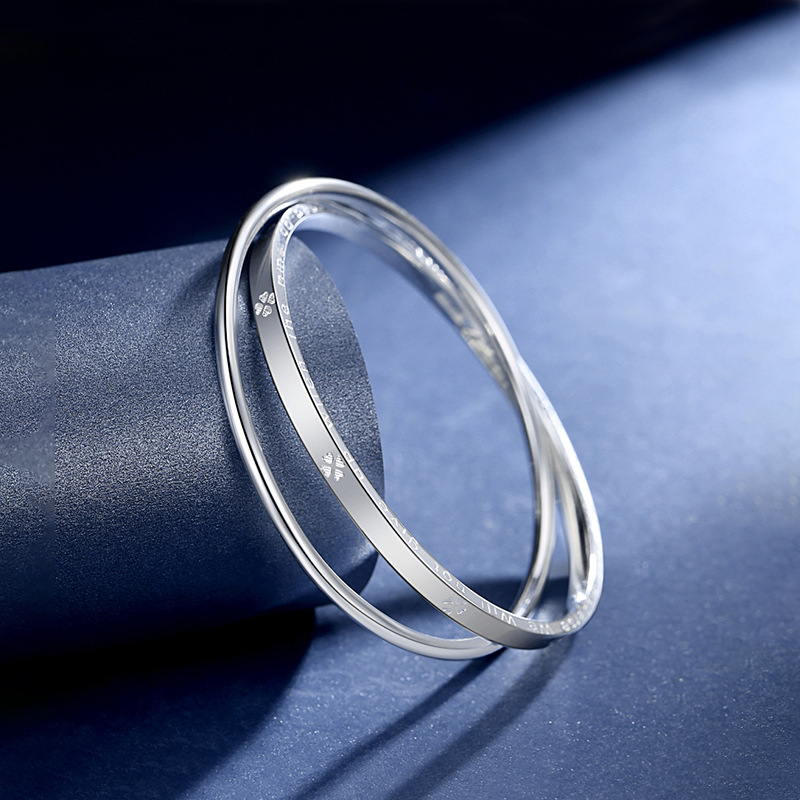 足银手镯 足银999.9双环四叶草银镯子闭口女款时尚实心银手镯爆款