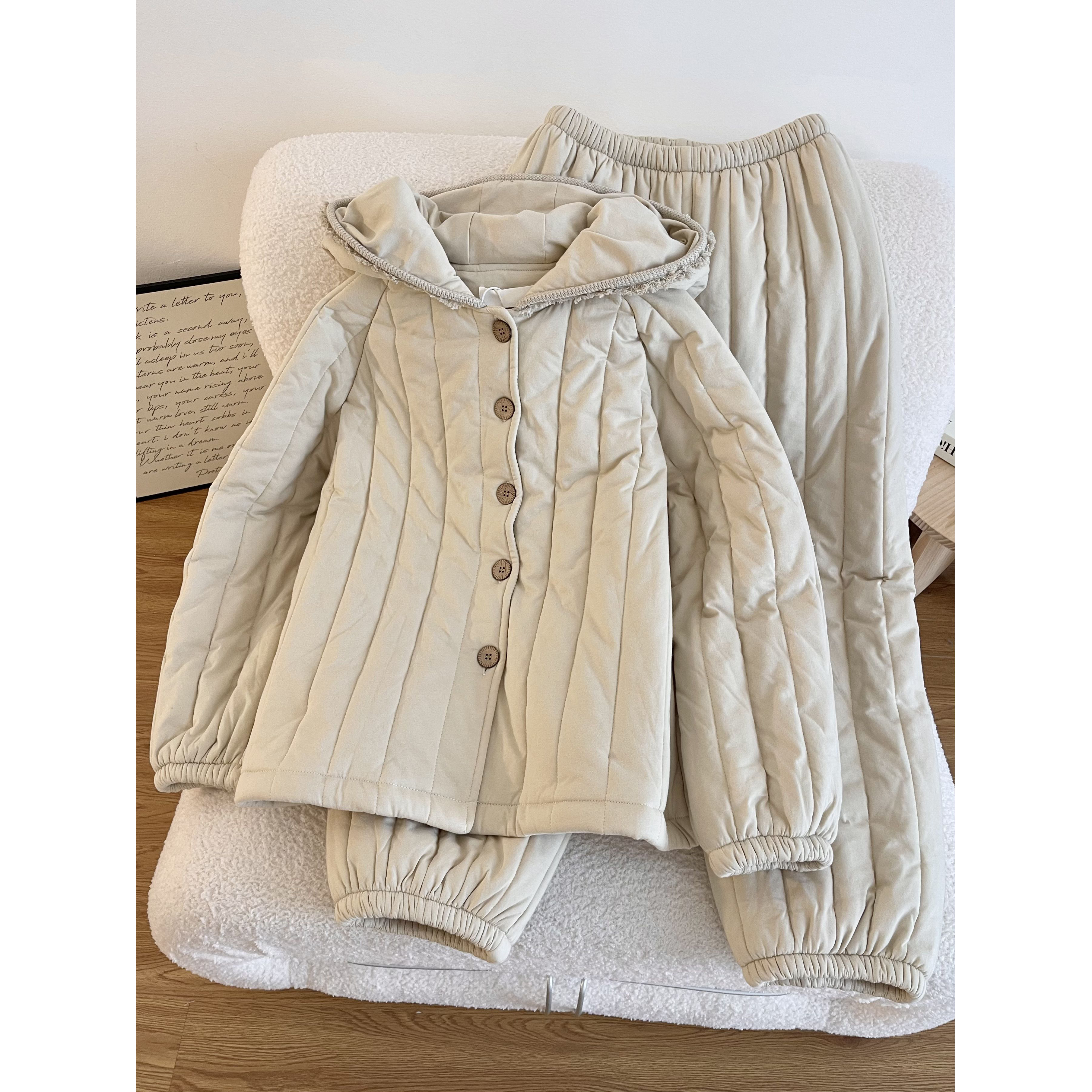 高级感穿搭韩版连帽夹棉睡衣女秋冬季新款加厚棉服保暖家居服套装