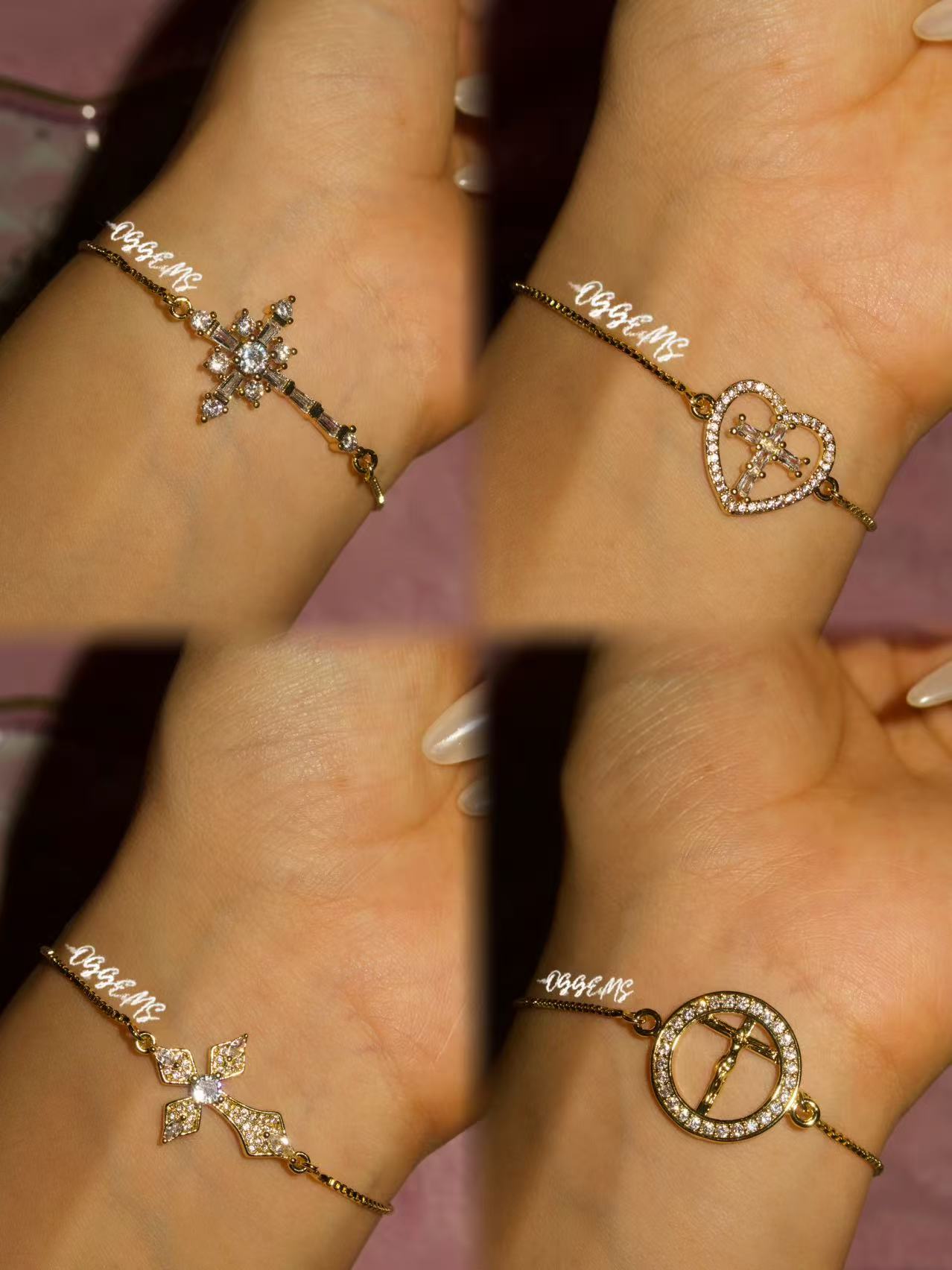 铜合金锆石手链 OGGEMS2025新款十字架系列手链可调节金色百搭