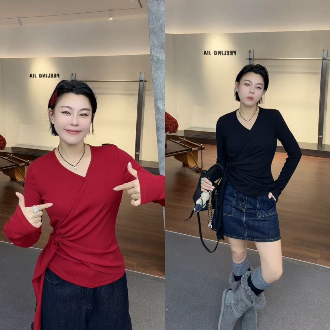 菲林家FL 9255【情有独钟】 设计感系带V领长袖