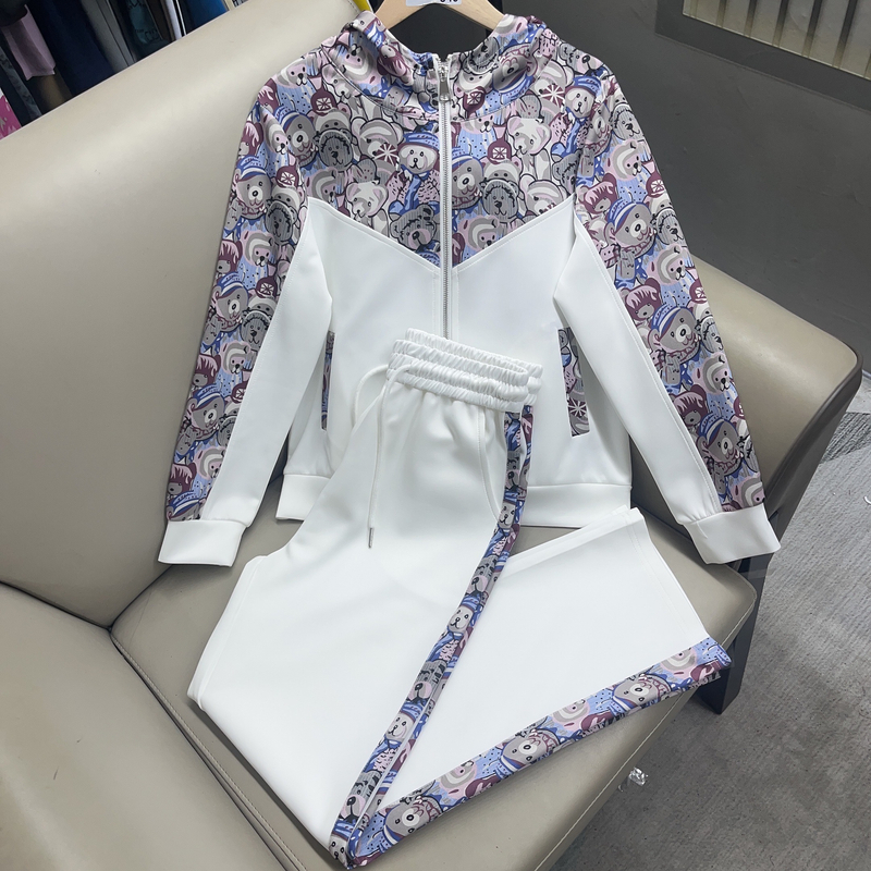 696#A 深圳南油原创2025新款印花套装连帽休闲拼接女装
