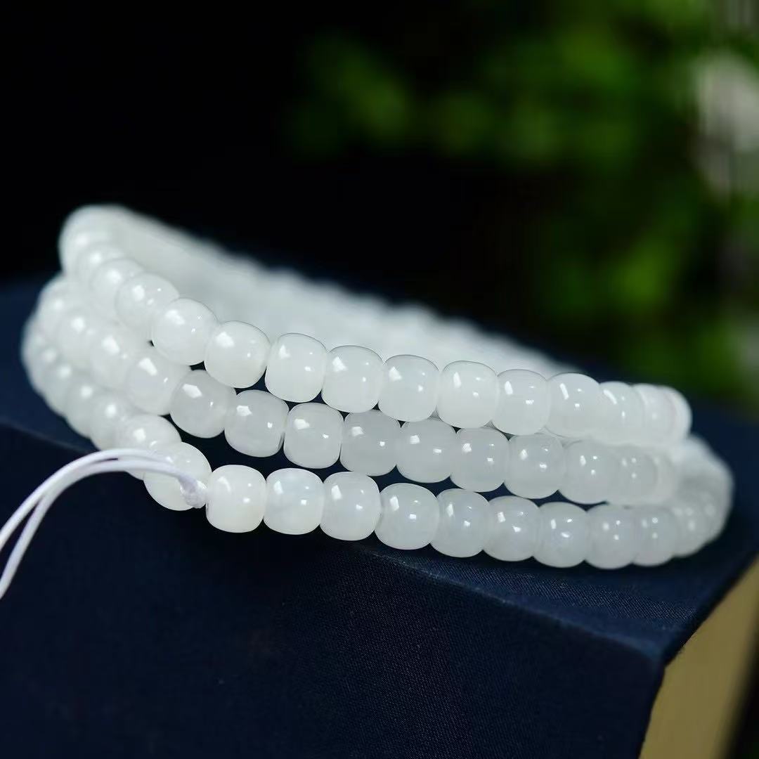 7mm天然和田玉老型珠高冰种级白玉项链时尚毛衣链多圈手链吊坠链