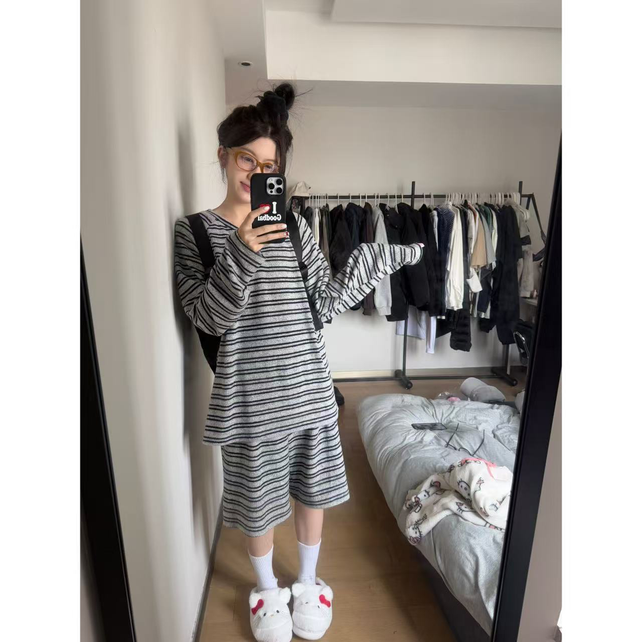 CHENWANFAN韩系简约条纹春夏宽松长袖短裤套装慵懒超舒服006-