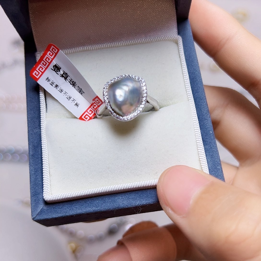 海水珍珠戒指银S925镶嵌小*牛