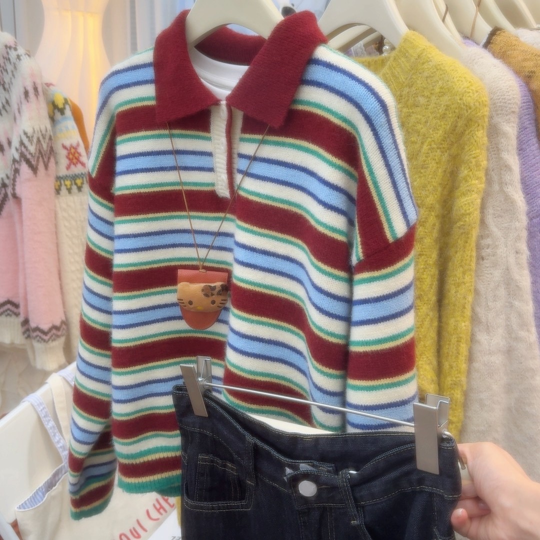 韩系红色条纹polo领针织衫女秋冬季长袖软糯宽松毛衣888