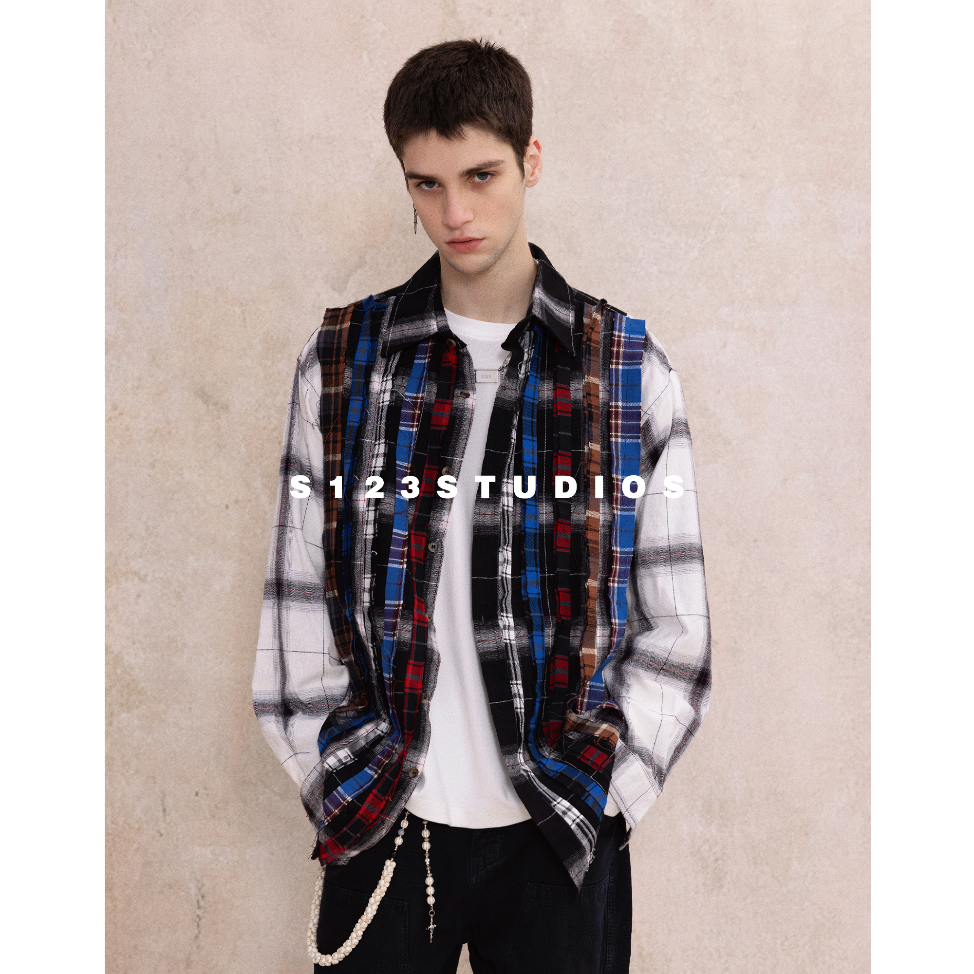 古着拼接撞色格子做旧复古衬衫潮牌街头痞帅长袖外套3051