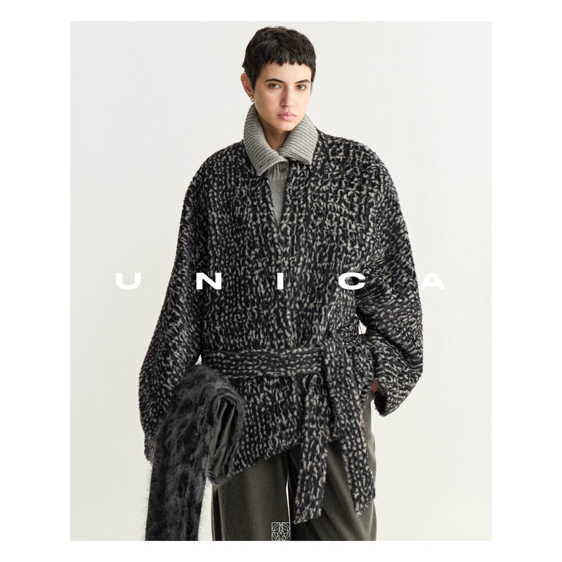 UNICA/摩登高时髦意大利进口提花豹纹羊驼毛_中古茧型连身袖大衣