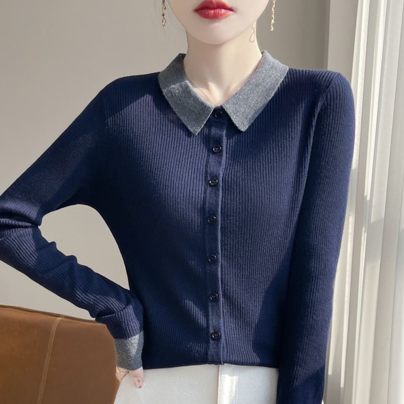 撞色polo领针织开衫女2025新款长袖外搭洋气精纺羊毛上衣翻领毛衣