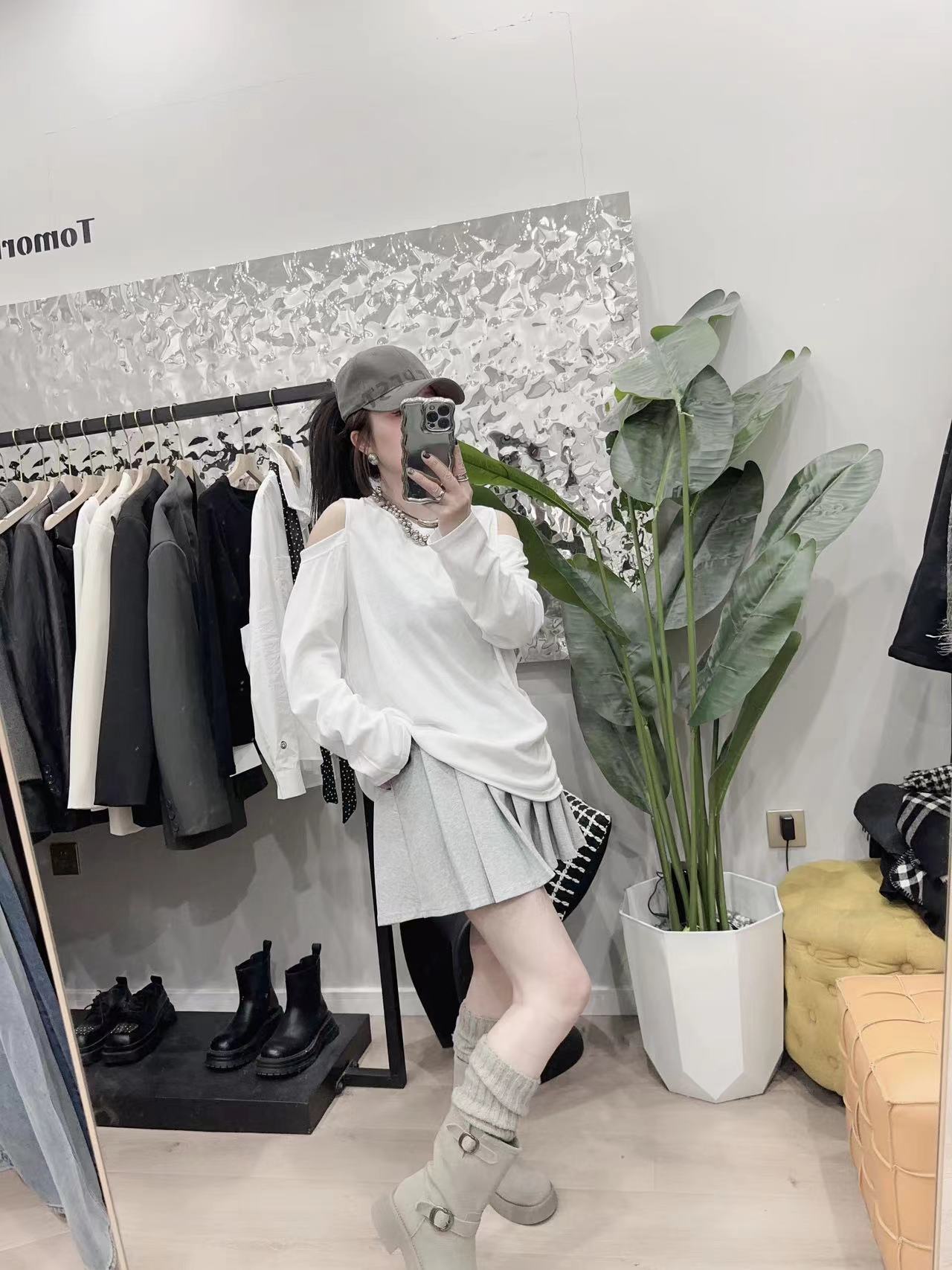 欧货早春新款慵懒风双露肩百搭中长款T恤