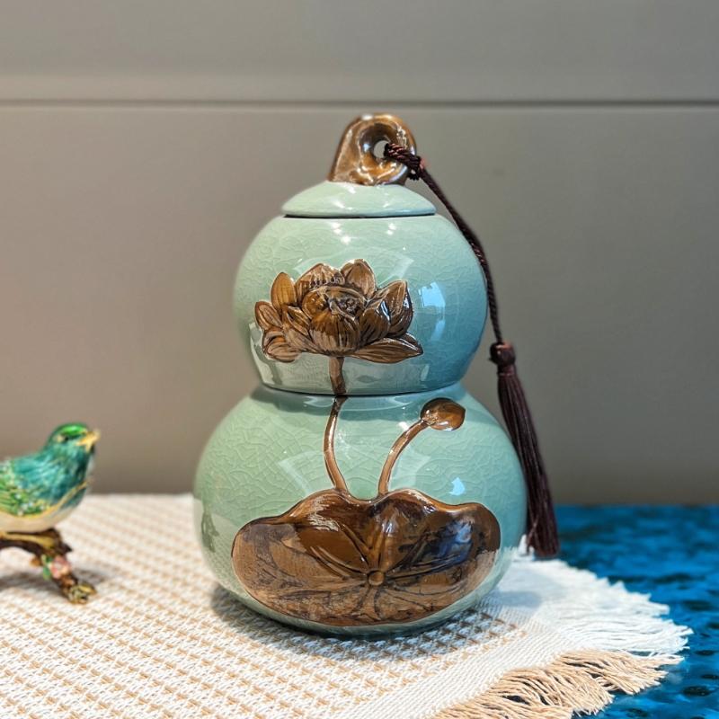 哥窑莲花葫芦茶叶罐密封储物防潮湿可作高档摆件储物罐双层新中式