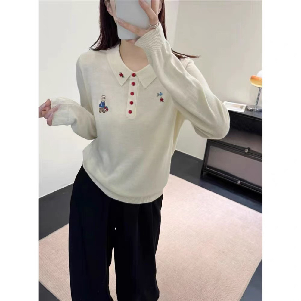 新疆包邮【c773】翻领polo领刺绣小熊针织衫-衣长57