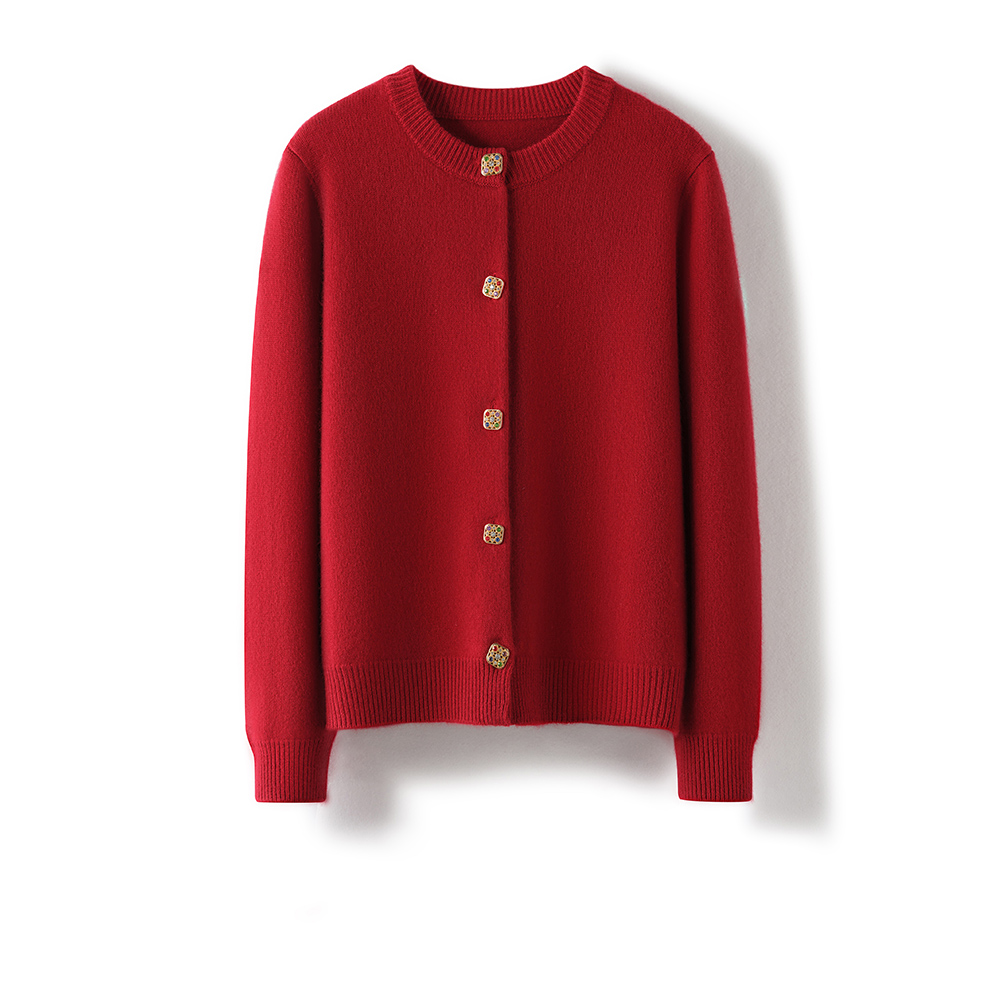 2025秋冬女士100%纯山羊绒针织开衫彩扣钻外套圆领时尚百搭设计