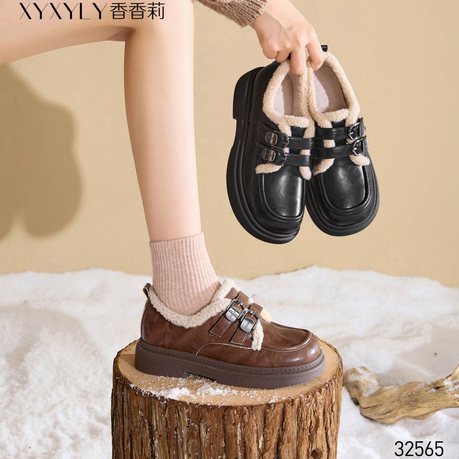 香香莉女32565鞋2025冬季新款厚底加绒保暖乐福鞋女百搭休闲鞋女