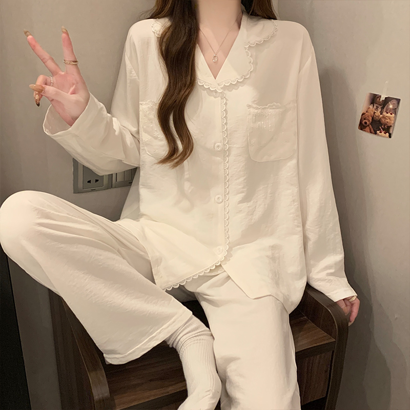 秋季开衫睡衣女云朵棉长袖翻领蕾丝公主风家居服套装