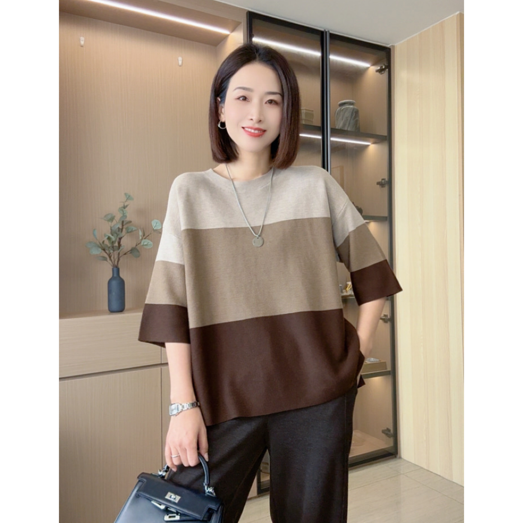 「希辰」春装新品简潮时尚拼色设计宽松显瘦圆领短袖针织衫 3227