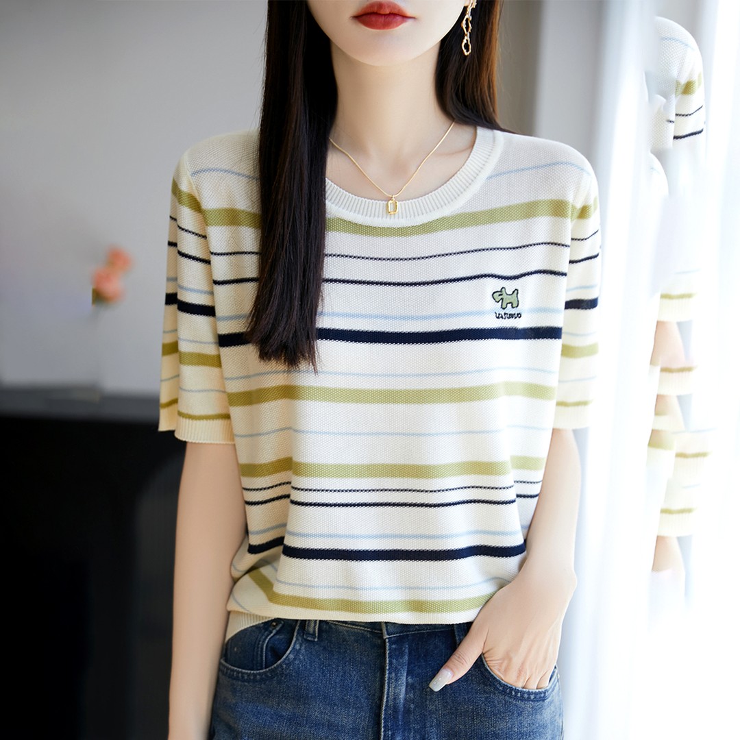 5132【100天丝莱赛尔】时尚条纹短袖t恤女夏季新款洋气女装针织上衣