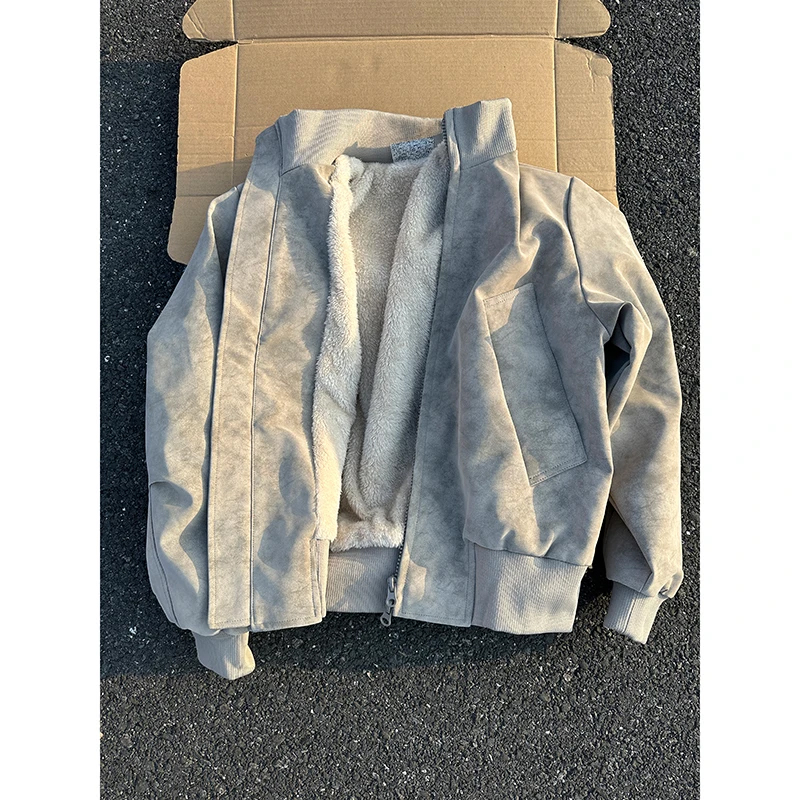 美式复古扎染皮衣棉服男款冬季廓形短款飞行夹克外套加绒立领棉衣