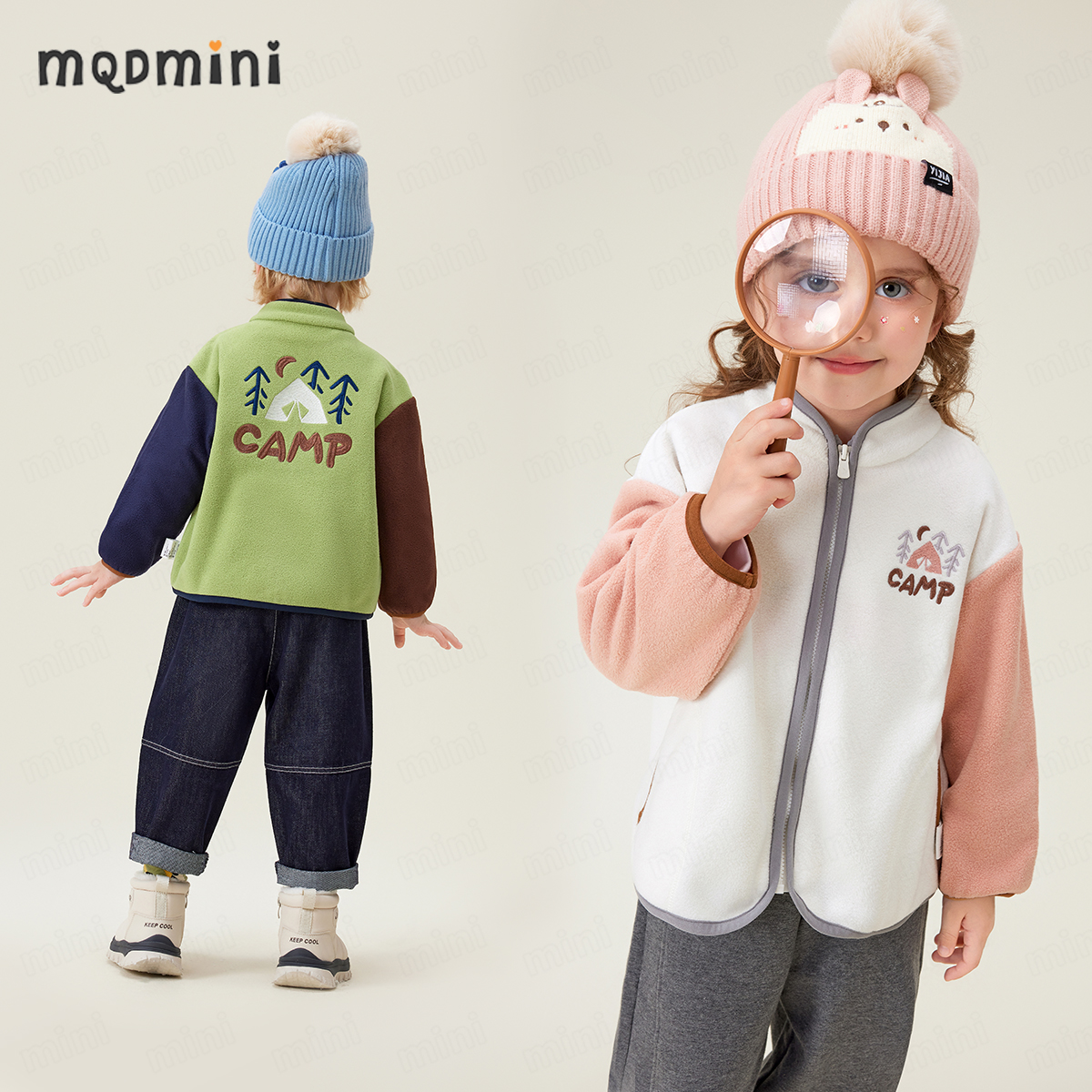 MQDMINI【抗静电】摇粒绒秋季儿童外套男童刺绣图案女童保暖拉链衣
