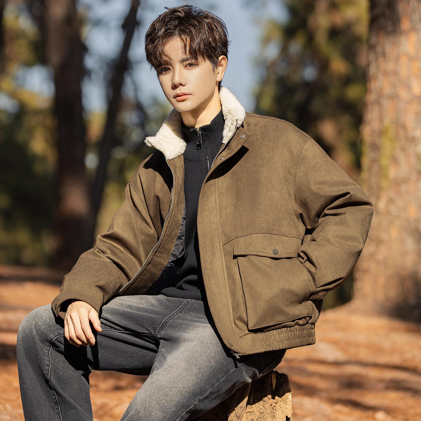 男士白鸭绒羽绒服男款冬季2025新款羊羔毛领潮牌男装宽松加厚外套