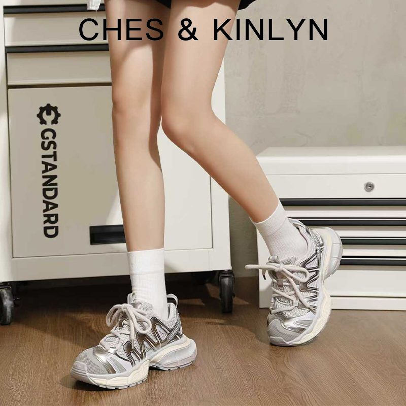 CHES&KINLYN圆头老爹鞋卡皮巴拉厚底轻跑网面透气运动女运动鞋