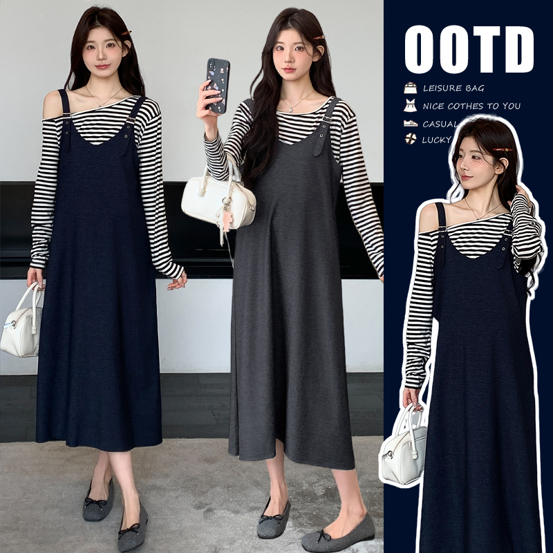 2025实拍秋冬新款加厚洋气时尚宽松背带裙设计感显瘦孕妇装两件套