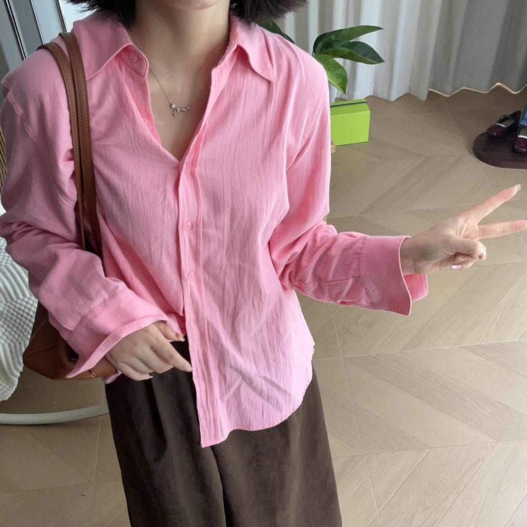 粉色纯棉高级感衬衫。春夏秋新款长袖百搭显白