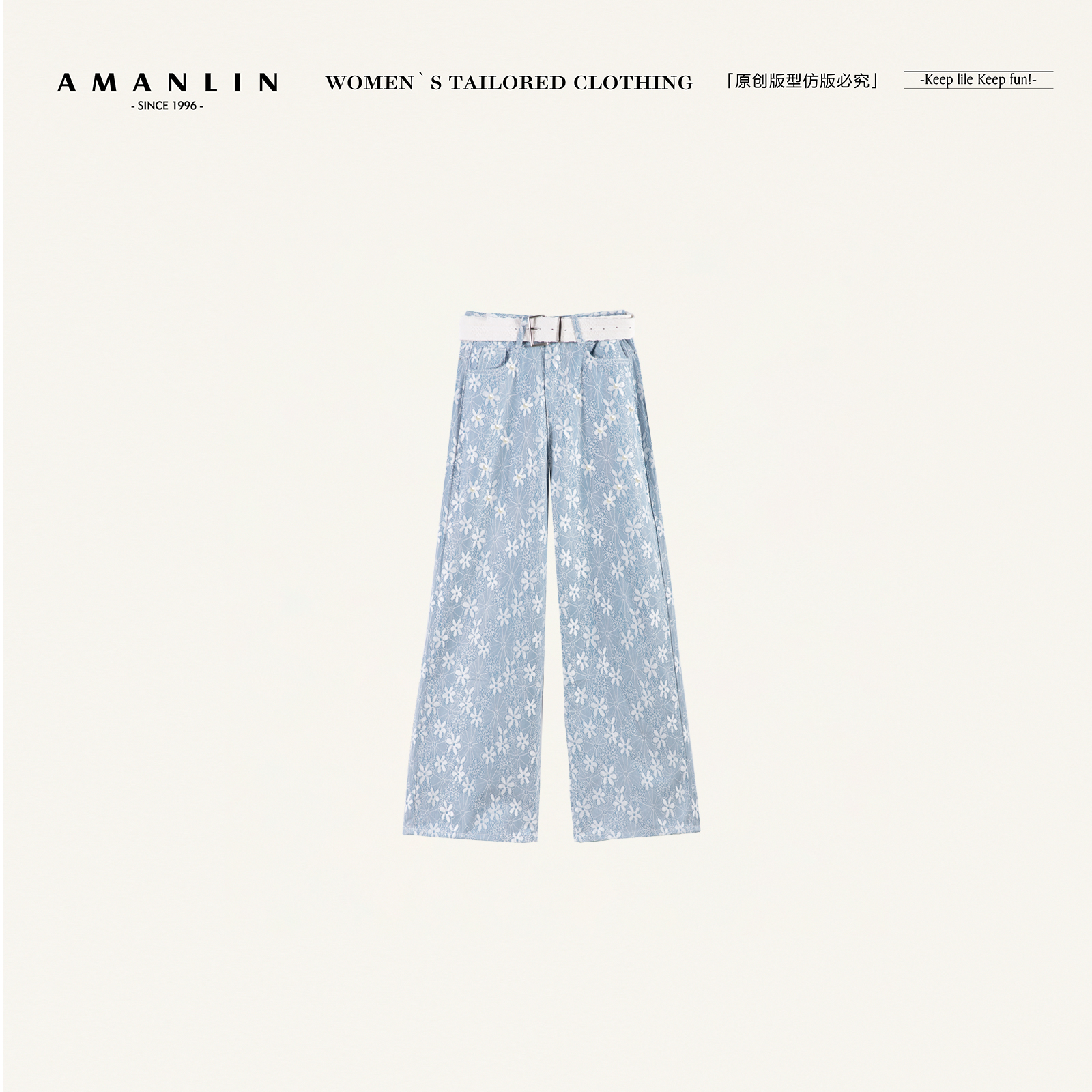 AMANLIN/阿谩琳原创设计春夏欧若风印花阔腿直筒牛仔裤女Y596858