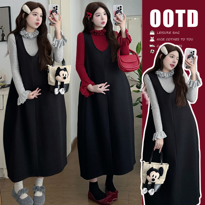 秋冬新款孕妇装时尚法式洋气设计感木耳边上衣叠穿韩版毛呢背心裙