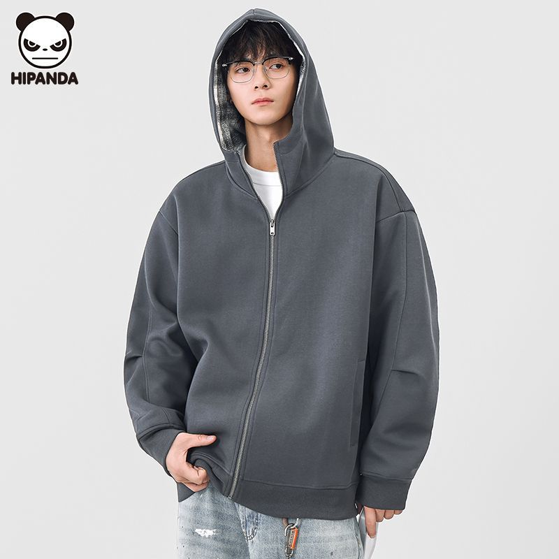 Hi Panda长袖卫衣男装百搭潮流秋季运动休闲宽松连帽开衫纯色外套